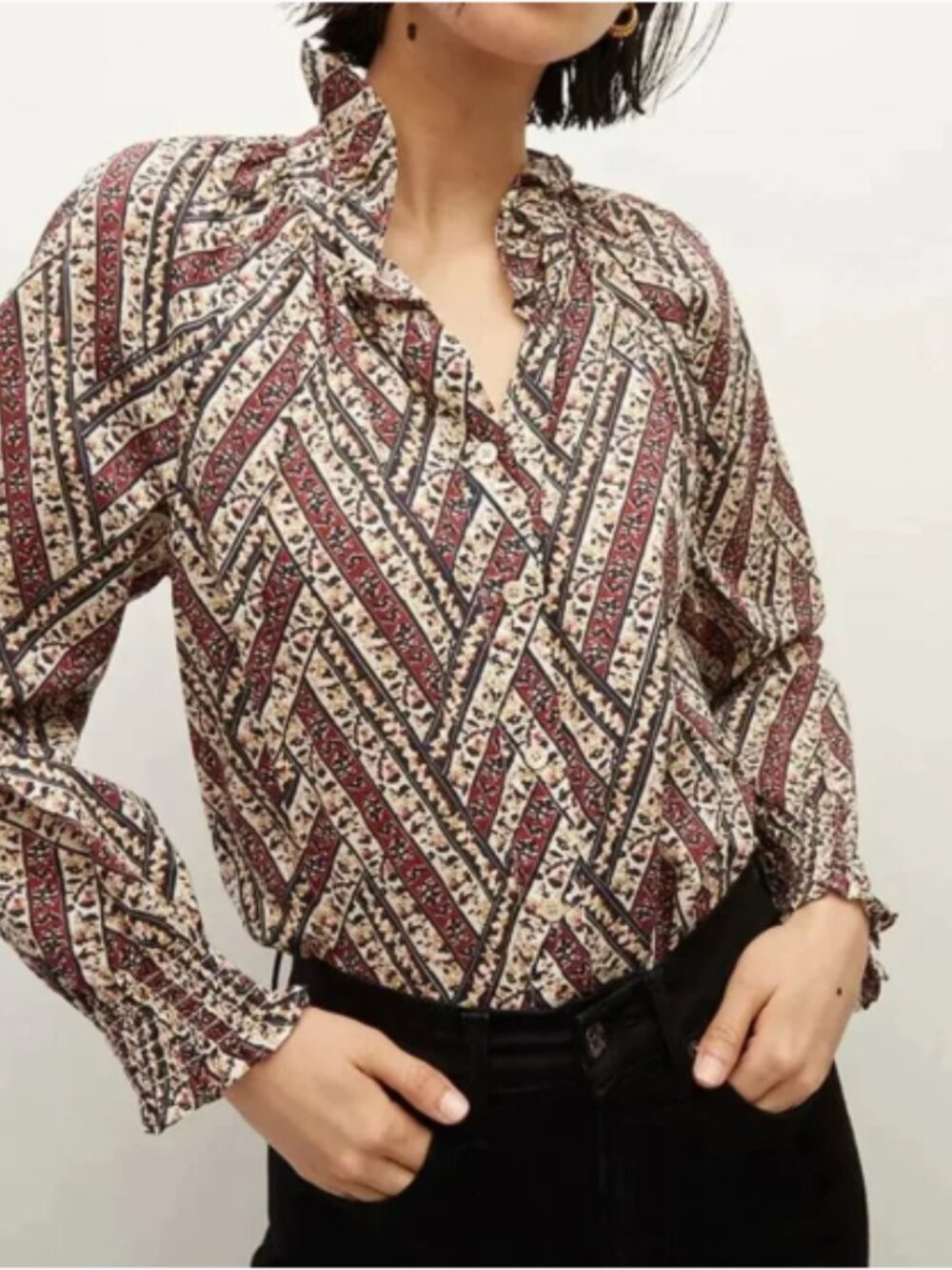 Veronica Beard Calisto 100% Cotton Ruffle Neck Print Button Down Blouse Size L - Picture 2 of 7
